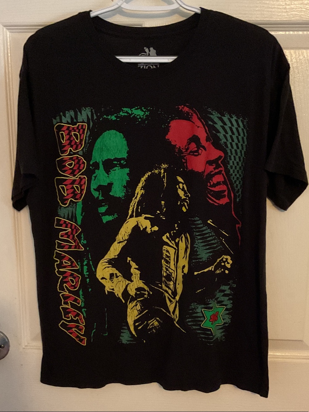 Zion Rootswear Black T-Shirt with Red, Green & Yellow Bob Marley Graphic